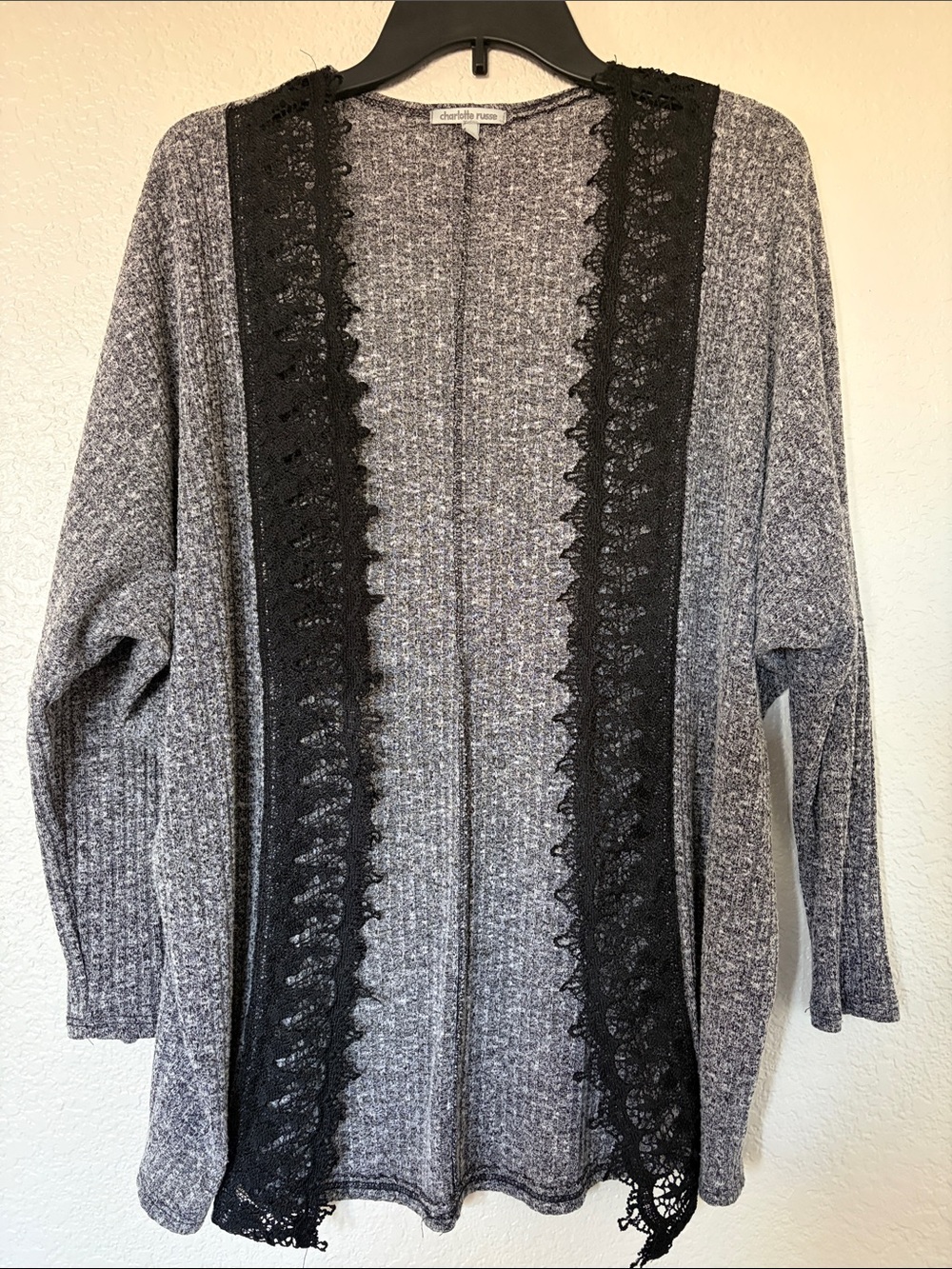 Charlotte Russe Gray Cardigan with Black Lace Trim